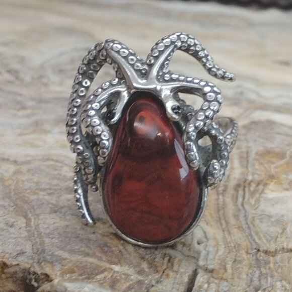 Sterling Silver Amber Octopus Ring Unisex Adjustable Ring Fits as a Size 9 - Picture 2 of 7